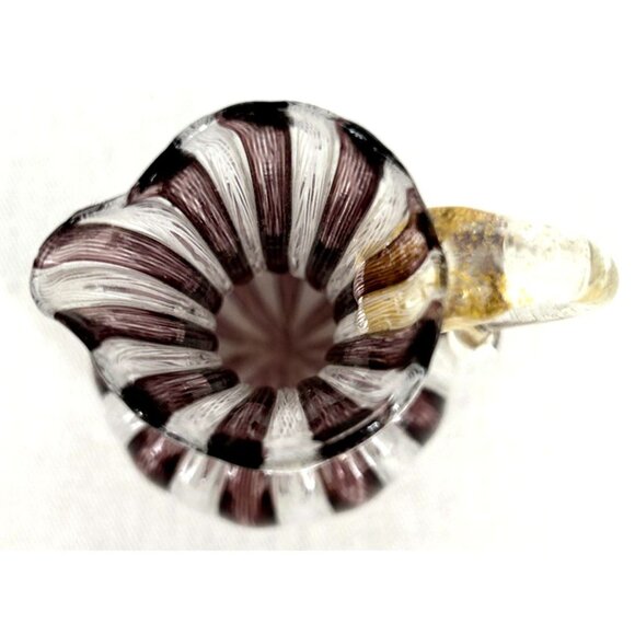 Murano Latticino Ribbon Petite Pitcher Vase Handle Purple White Gold 3" Tall - Picture 6 of 7